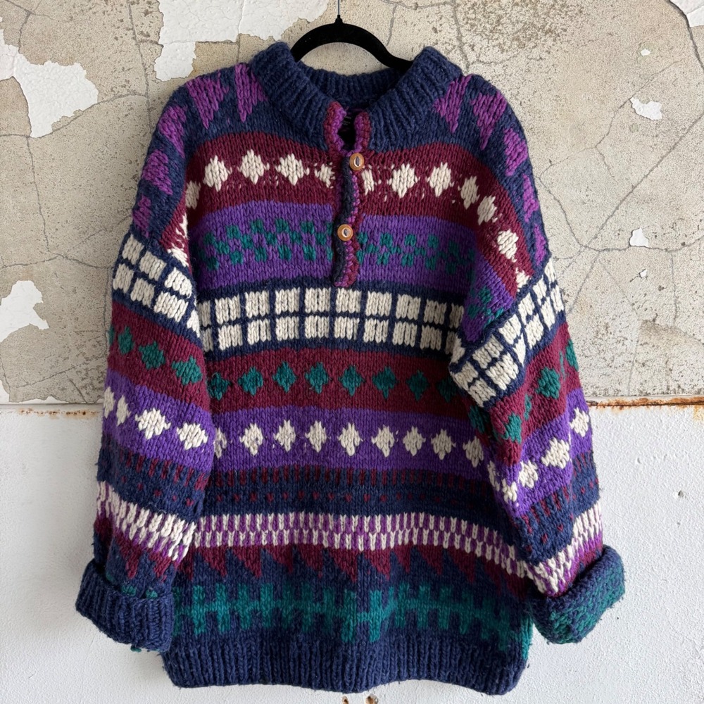 Vintage Wool Sweater Hand Knit Ecuador Geometric Chunky Fair Isle 90s Bohemain